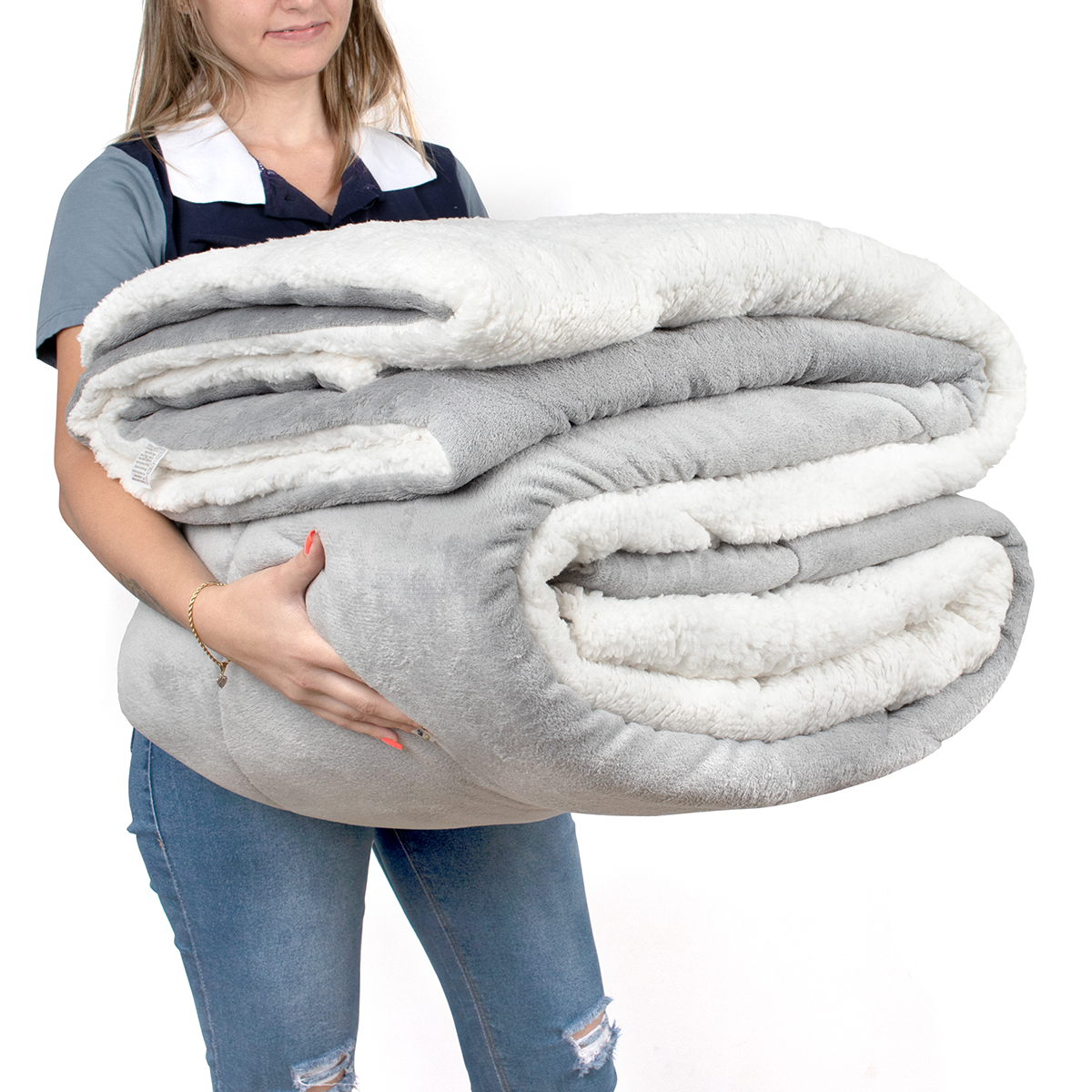 Coberdrom Cinza Cobertor Queen Size Soft e Sherpa Dupla Face