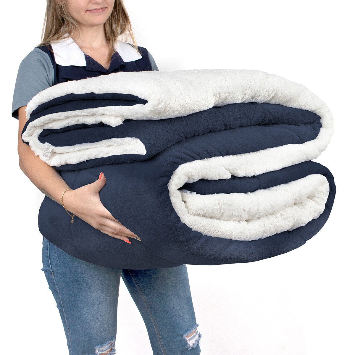 Coberdrom Cobertor Casal Queen Azul Marinho Dupla Face Sherpa