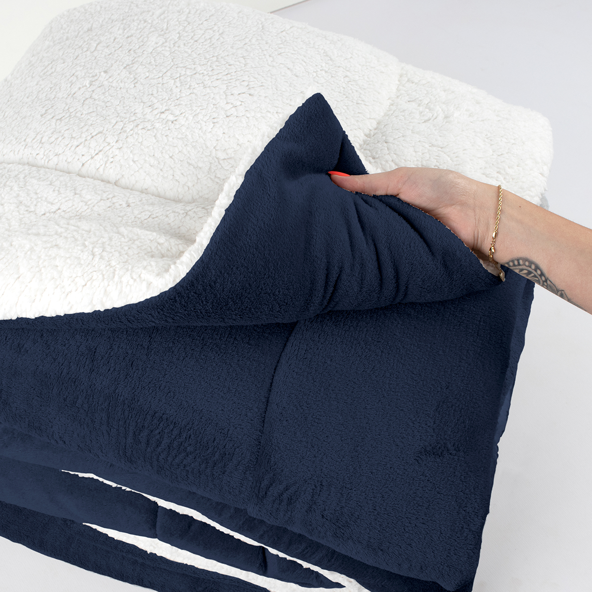 Coberdrom Cobertor Casal Queen Azul Marinho Dupla Face Sherpa