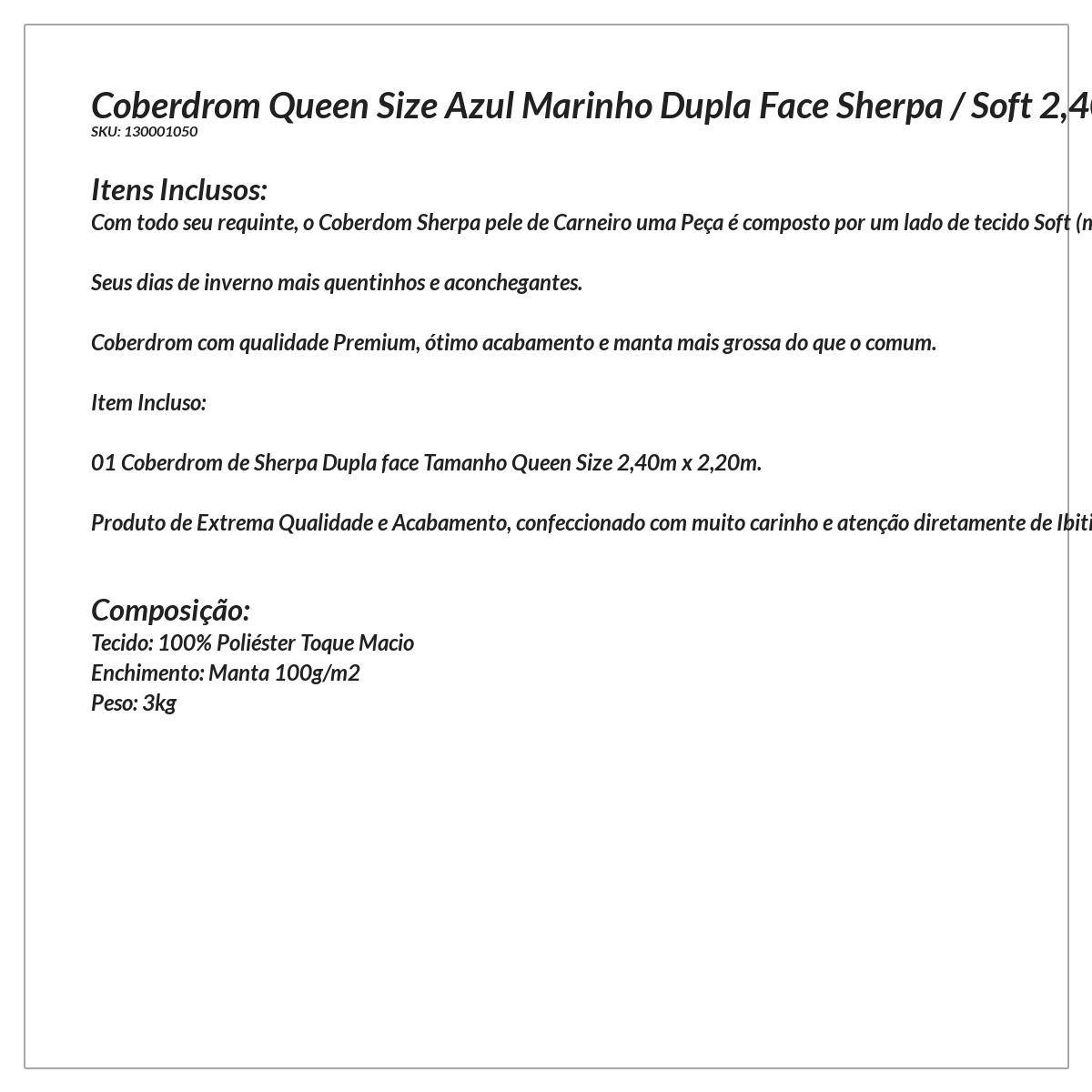 Coberdrom Pele Carneiro Cobertor Queen Size Azul Marinho Dupla Face