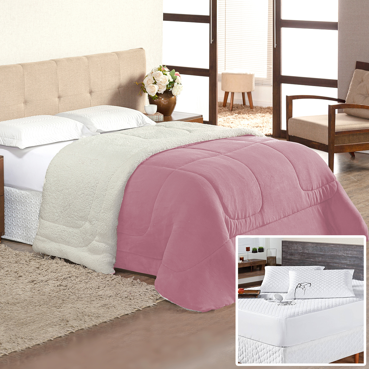 Coberdrom Rosê Queen + Protetor de Colchão Impermeável Queen Size