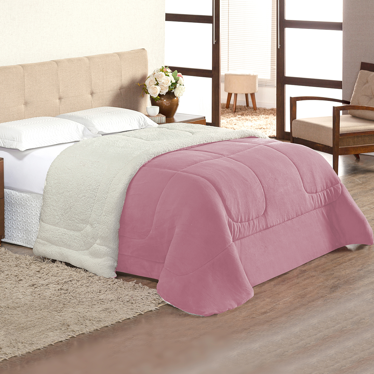 Coberdrom Rosê Queen + Protetor de Colchão Impermeável Queen Size