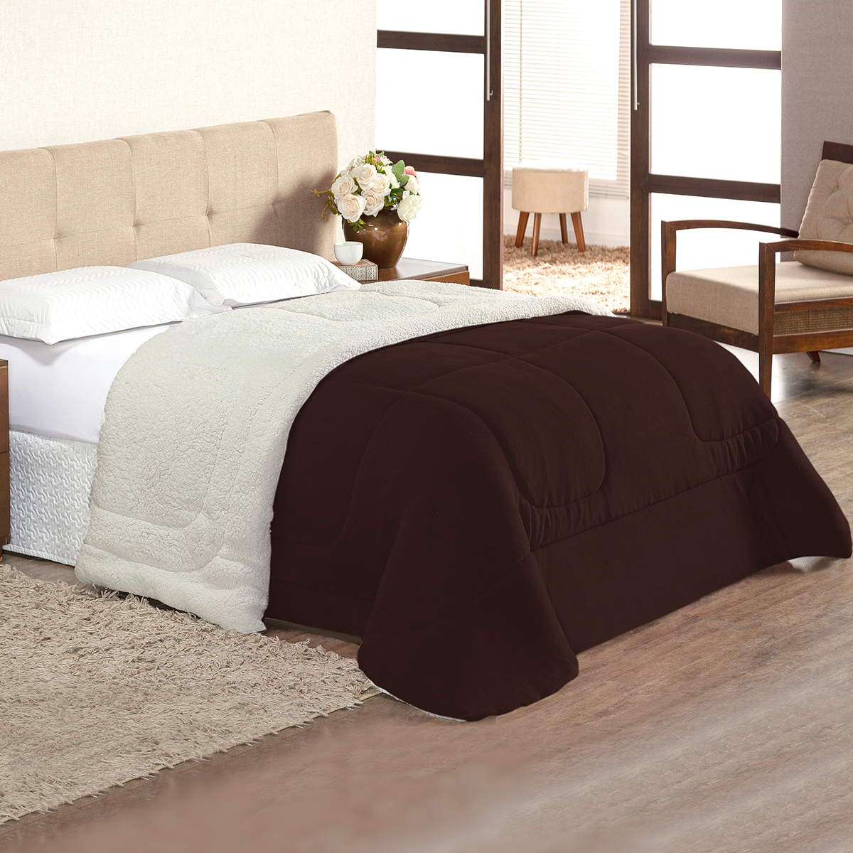Coberdrom Tabaco Cobertor Queen Dupla Face + Jogo de Cama 400 Fios Queen Size - 5 Peças
