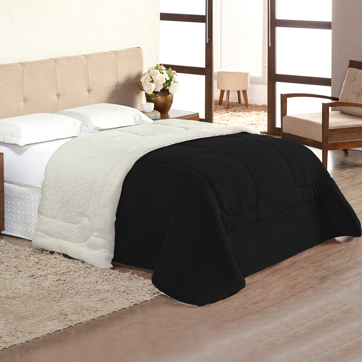 Cobertor Pele de Carneiro Cobertor Queen Size Dupla Face Preto