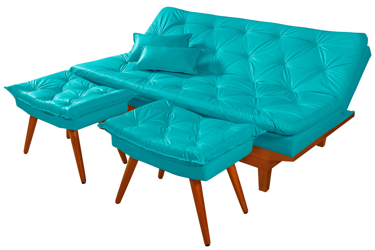 Sofá Cama Caribe 3 Lugares Com 2 Banquetas Revestimento Courino Sintético