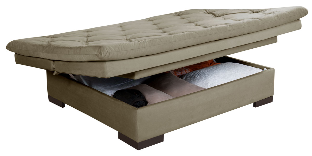 Sofá Cama Reclinável Com Baú Veludo Liso Multiuso