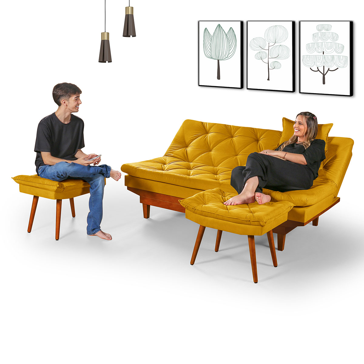 Sofa Cama Caribe 3 Lugares Reclinavel Com 2 Banquetas Base Em Madeira Revestido Suede
