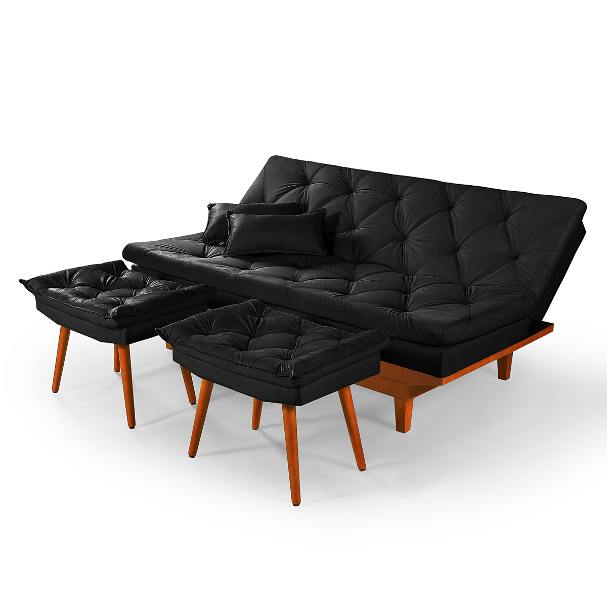 Sofa Cama Caribe 3 Lugares Reclinavel Com 2 Banquetas Base Em Madeira Revestido Suede