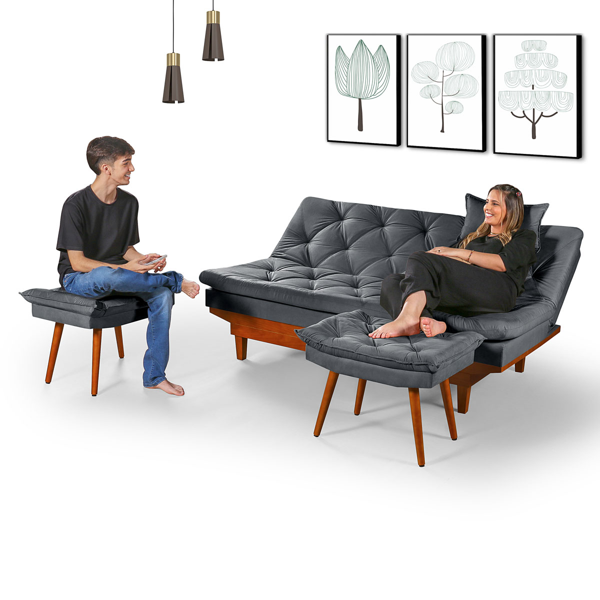 Sofa Cama Caribe 3 Lugares Reclinavel Com 2 Banquetas Base Em Madeira Revestido Suede