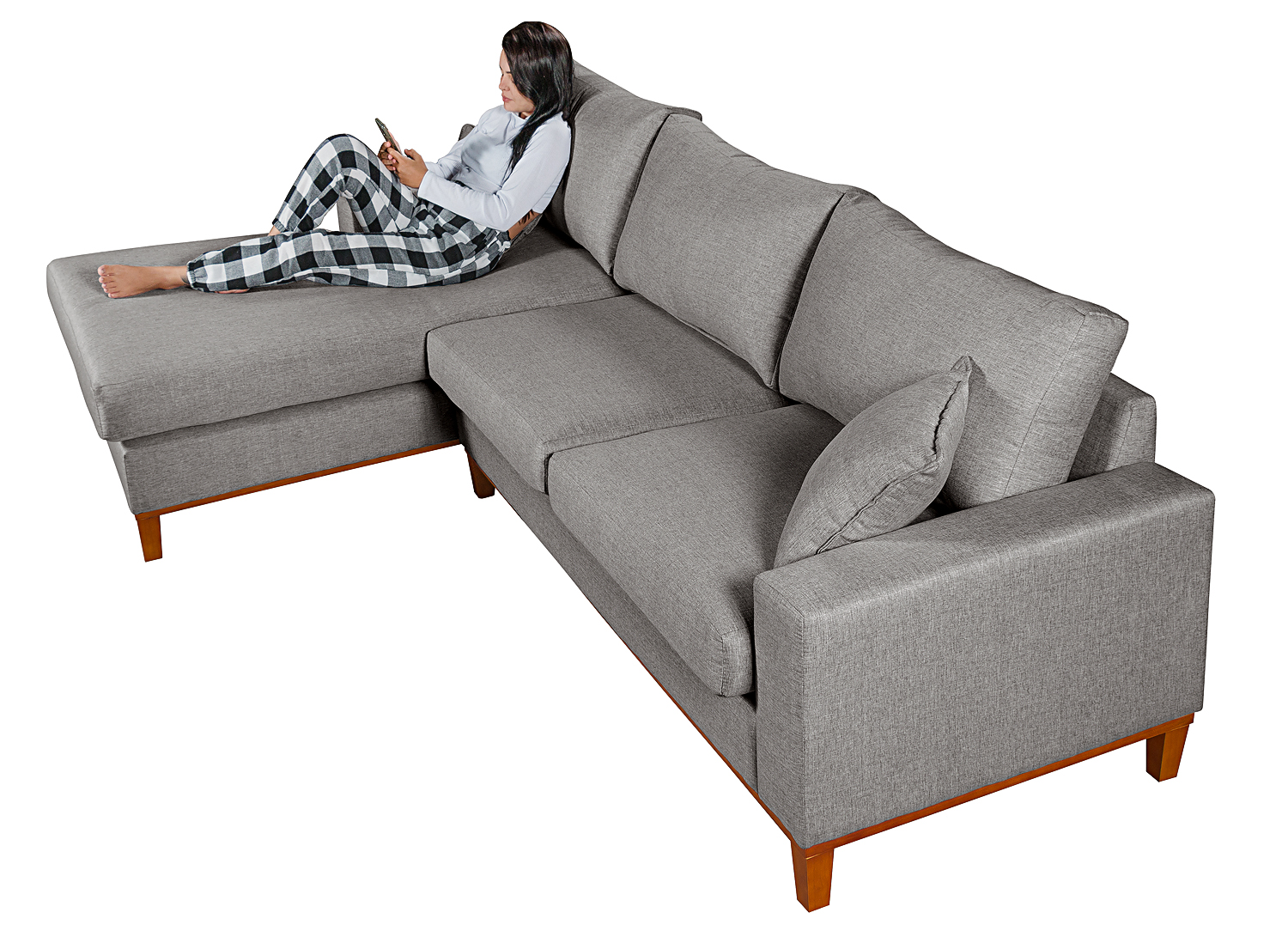 Sofa Living California 4 Lugares Chaise Lado Direito Revestido Linho Base Madeira