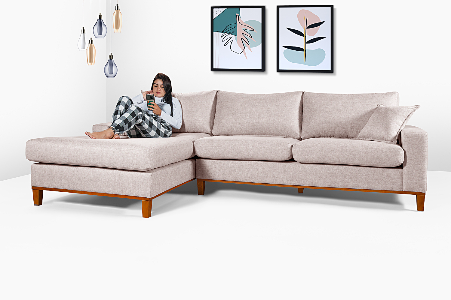 Sofa Living California 4 Lugares Chaise Lado Direito Revestido Linho Base Madeira