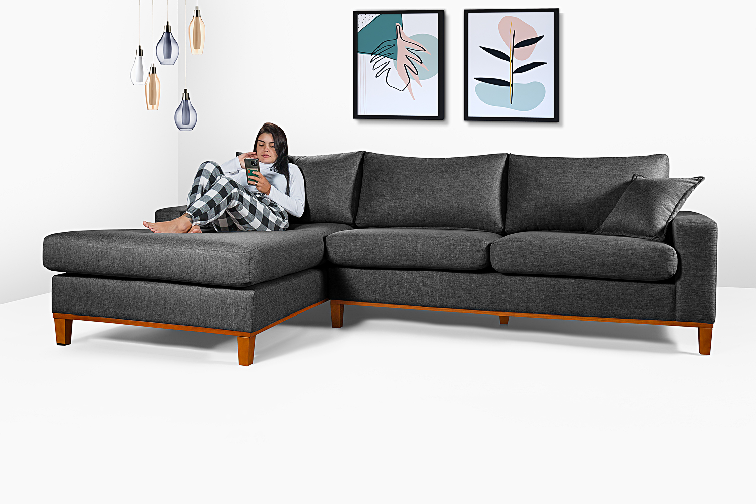 Sofa Living California 4 Lugares Chaise Lado Direito Revestido Linho Base Madeira