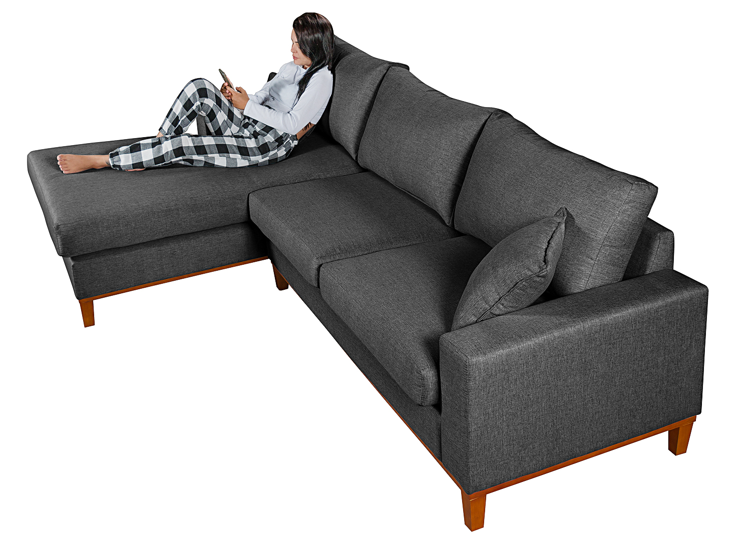Sofa Living California 4 Lugares Chaise Lado Direito Revestido Linho Base Madeira
