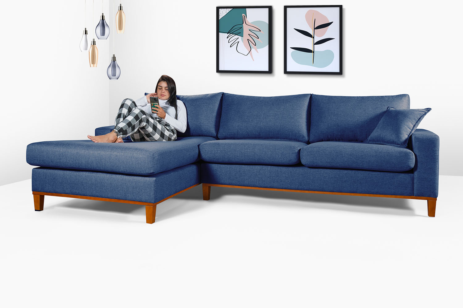 Sofa Living California 4 Lugares Chaise Lado Direito Revestido Linho Base Madeira