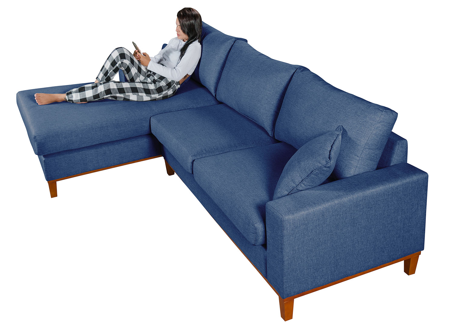 Sofa Living California 4 Lugares Chaise Lado Direito Revestido Linho Base Madeira
