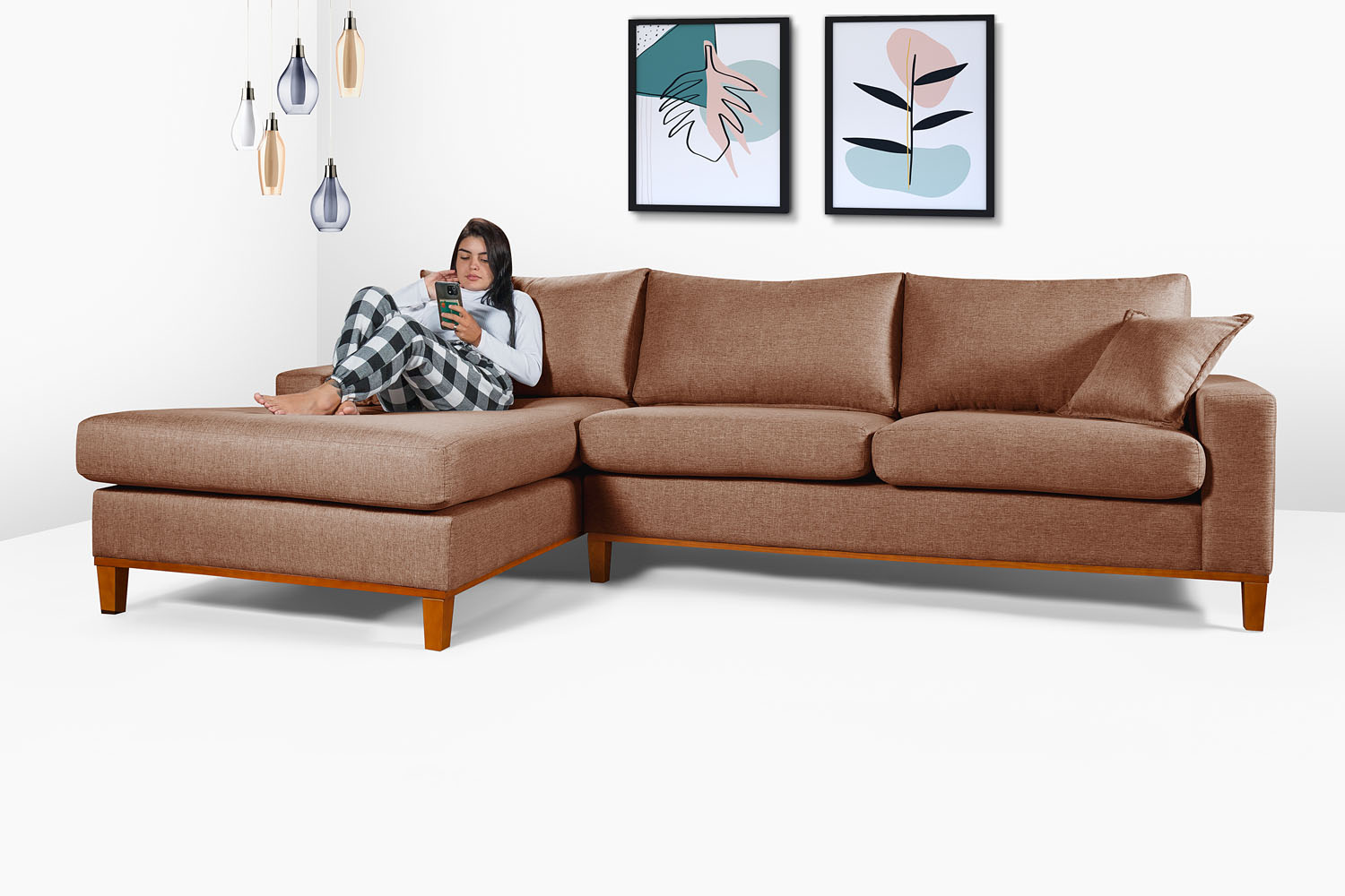 Sofa Living California 4 Lugares Chaise Lado Direito Revestido Linho Base Madeira