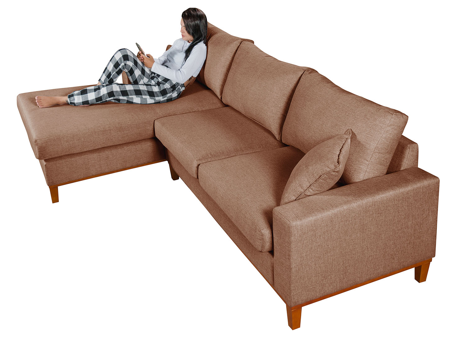 Sofa Living California 4 Lugares Chaise Lado Direito Revestido Linho Base Madeira