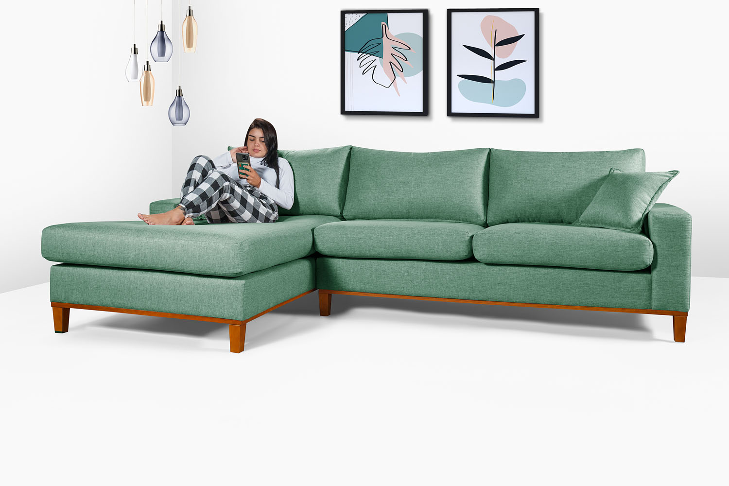 Sofa Living California 4 Lugares Chaise Lado Direito Revestido Linho Base Madeira