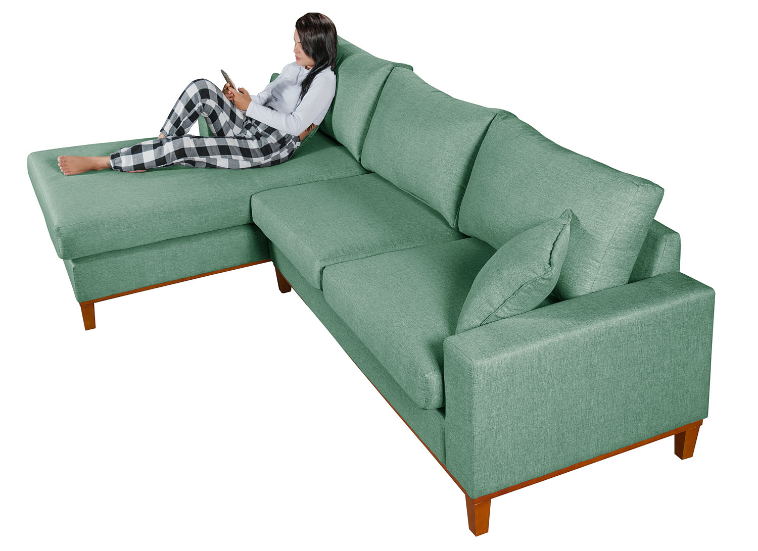 Sofa Living California 4 Lugares Chaise Lado Direito Revestido Linho Base Madeira