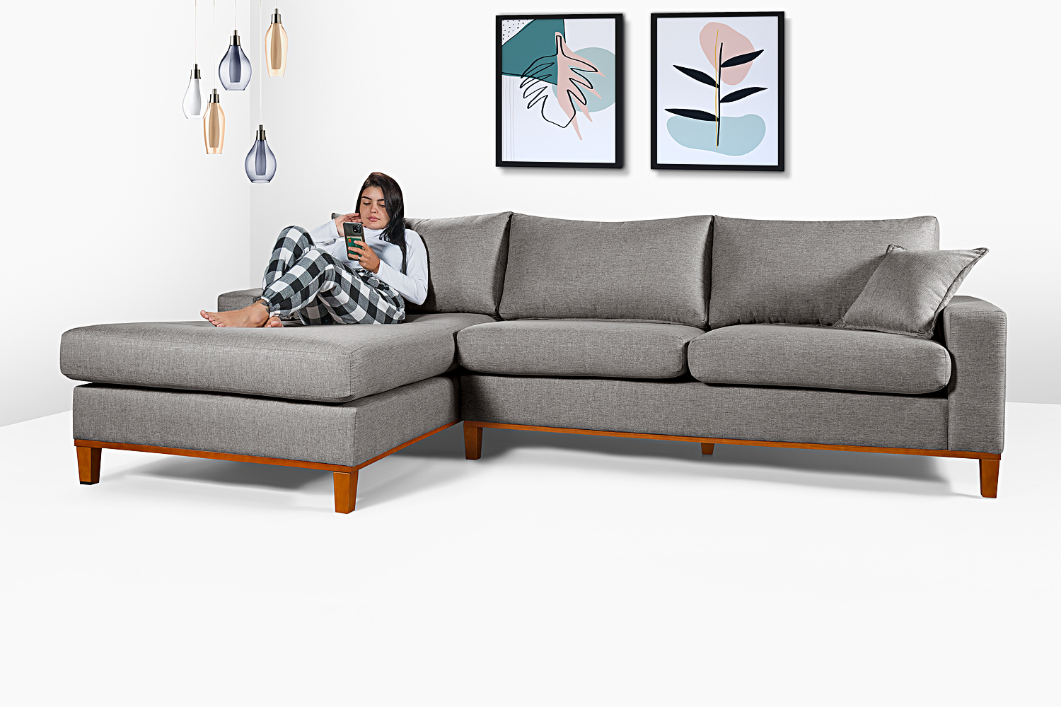 Sofa Living California 4 Lugares Chaise Lado Direito Revestido Linho Base Madeira