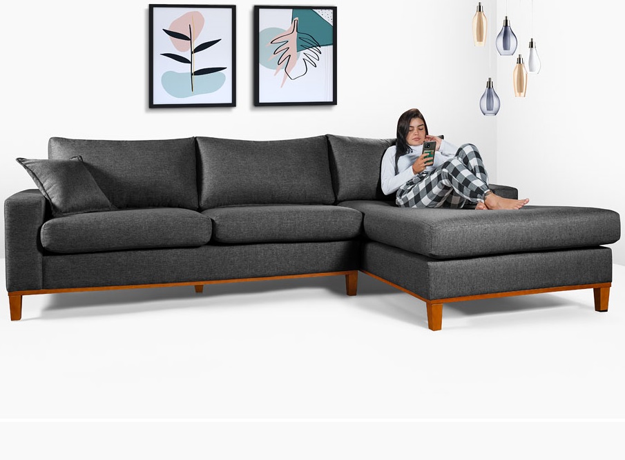Sofa Living California 4 Lugares Chaise Lado Esquerdo Revestido Linho Base Madeira