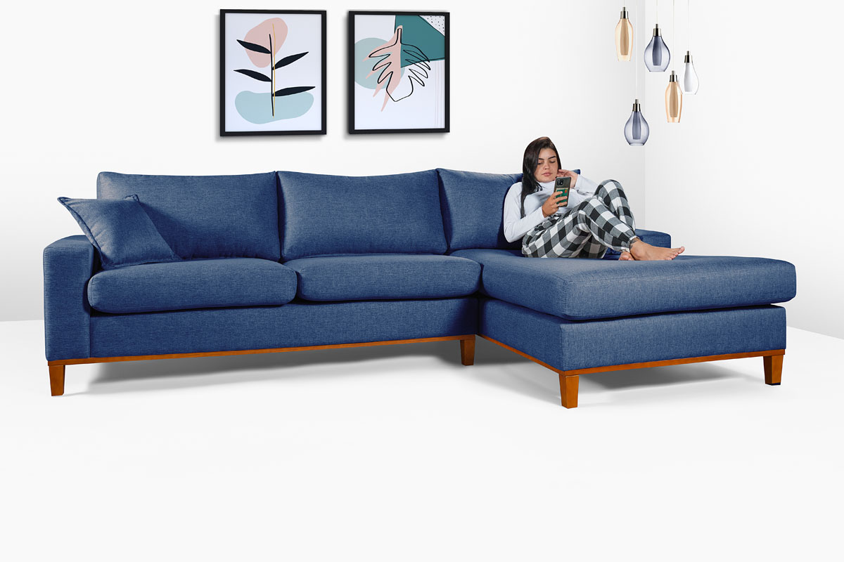 Sofa Living California 4 Lugares Chaise Lado Esquerdo Revestido Linho Base Madeira
