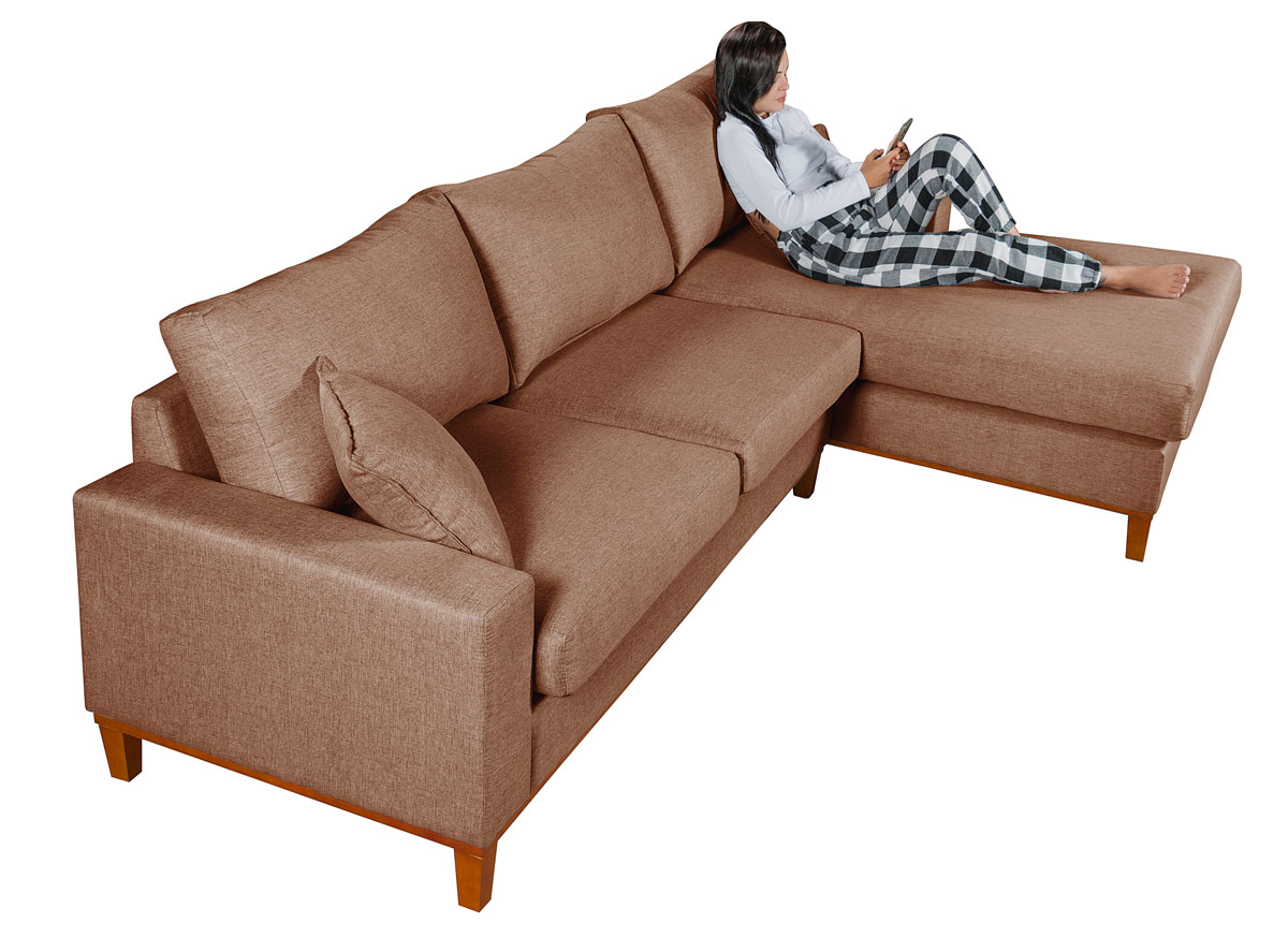 Sofa Living California 4 Lugares Chaise Lado Esquerdo Revestido Linho Base Madeira