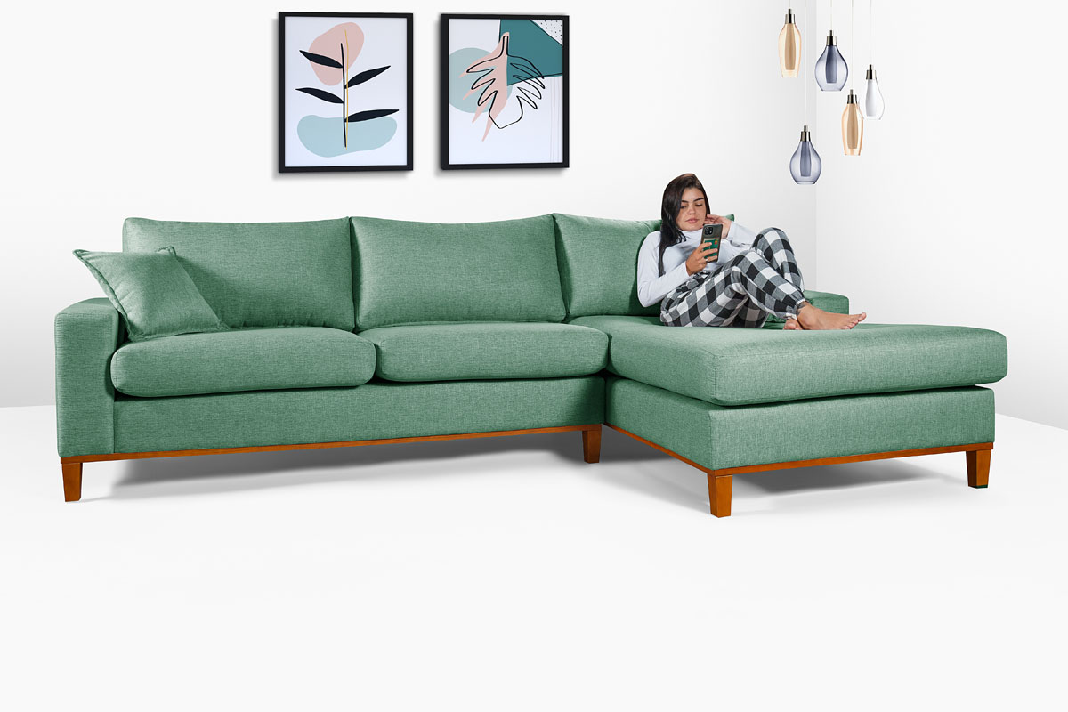 Sofa Living California 4 Lugares Chaise Lado Esquerdo Revestido Linho Base Madeira