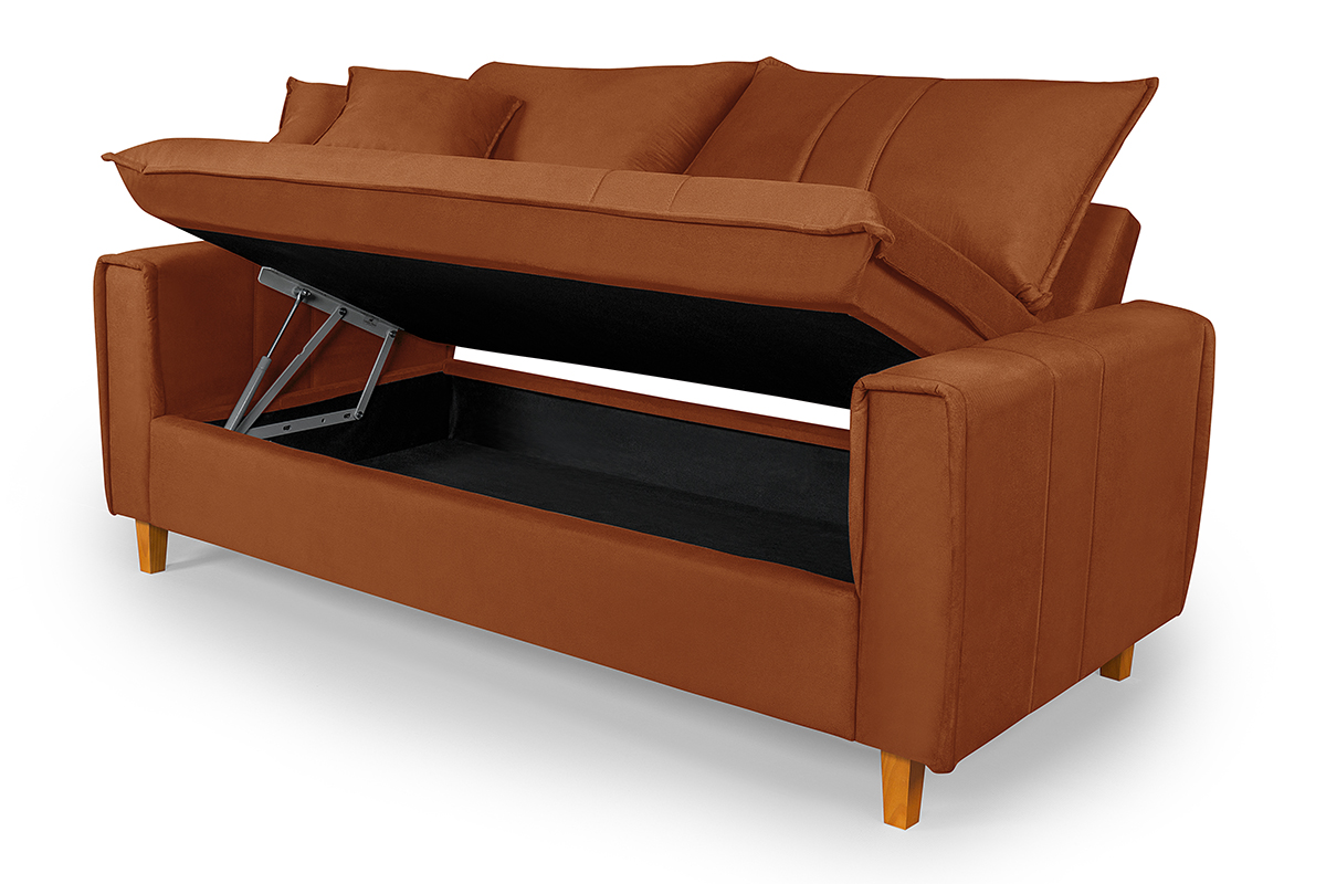 Sofa Living com Bau Multiuso 3 Lugares Suede Pes em Madeira