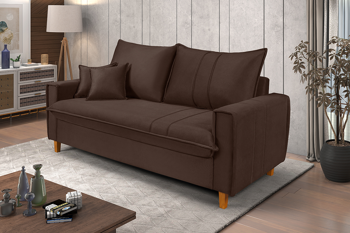 Sofa Living com Bau Multiuso 3 Lugares Suede Pes em Madeira
