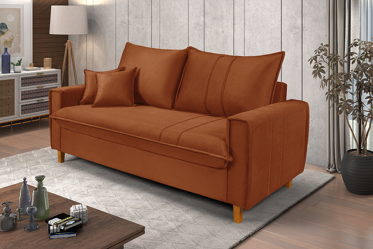 Sofa Living com Bau Multiuso 3 Lugares Suede Pes em Madeira