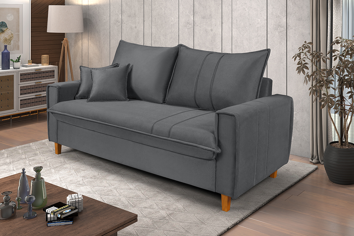Sofa Living com Bau Multiuso 3 Lugares Suede Pes em Madeira