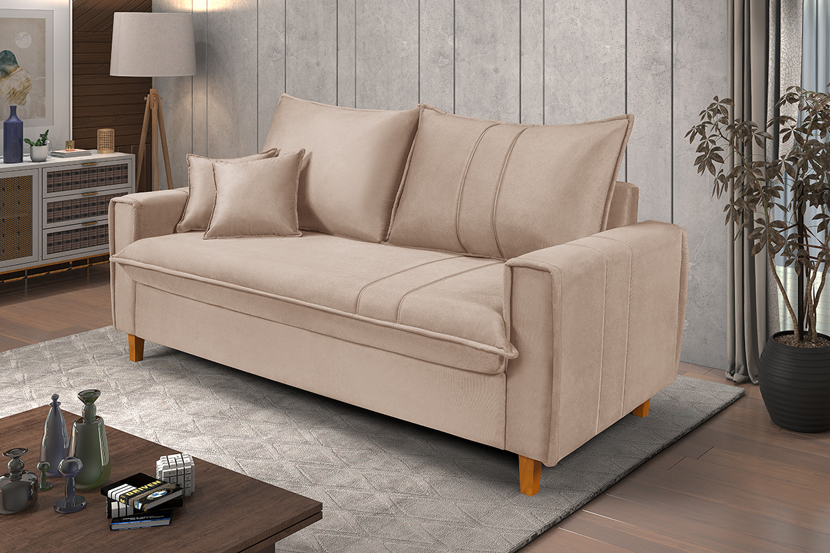 Sofa Living com Bau Multiuso 3 Lugares Suede Pes em Madeira