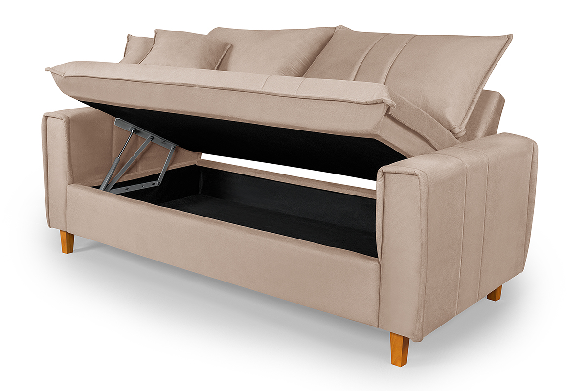 Sofa Living com Bau Multiuso 3 Lugares Suede Pes em Madeira