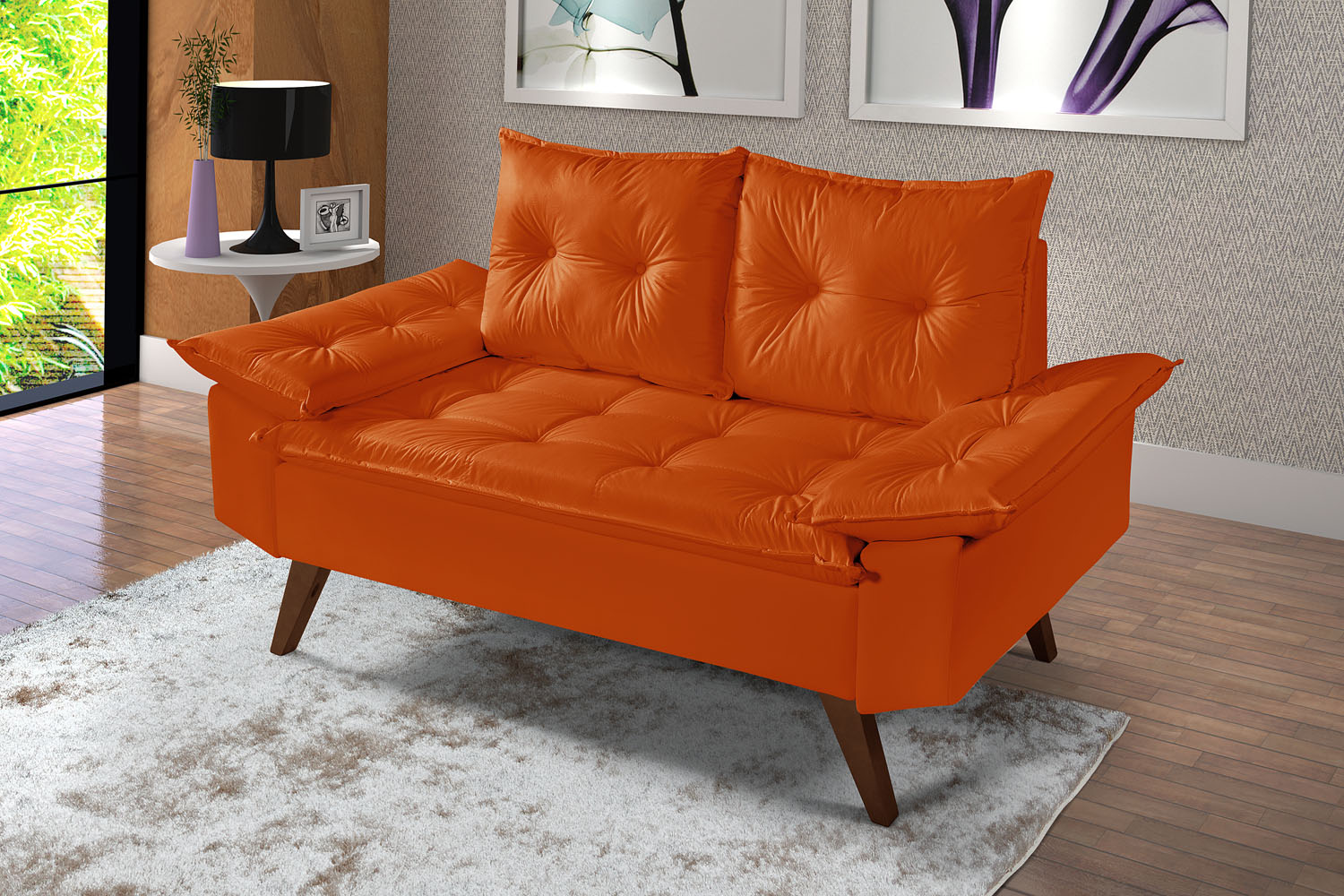 Sofa Retro Bariloche 2 Lugares Revestimento Courino Pes em Madeira