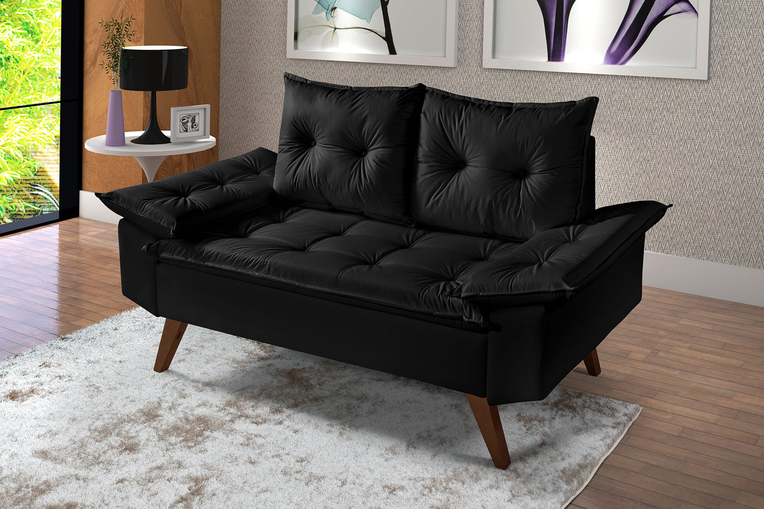 Sofa Retro Bariloche 2 Lugares Revestimento Courino Pes em Madeira