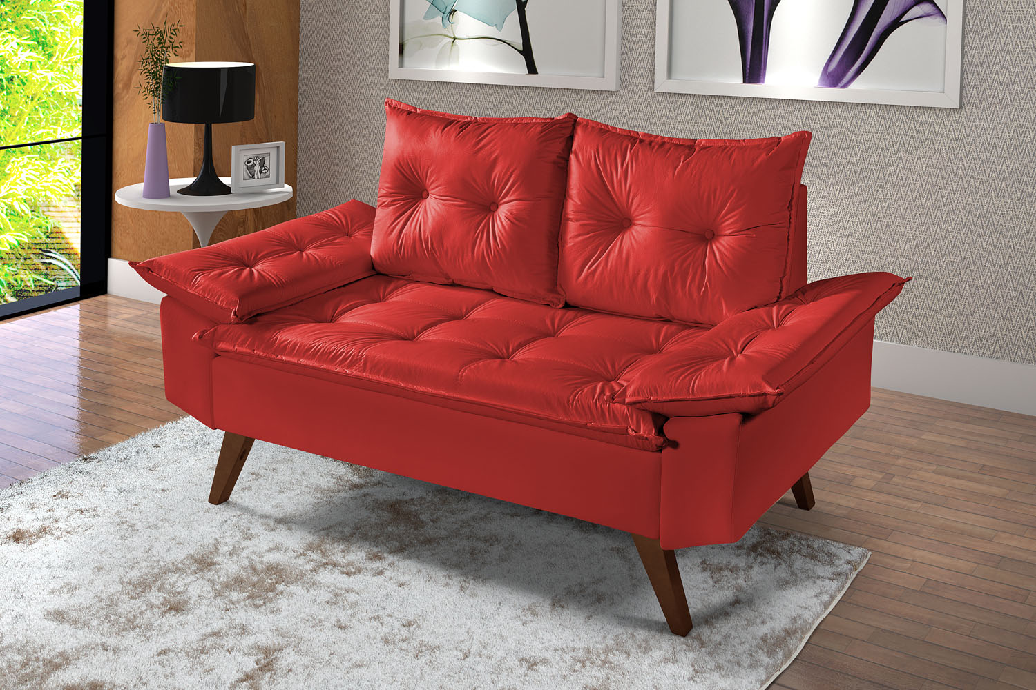 Sofa Retro Bariloche 2 Lugares Revestimento Courino Pes em Madeira