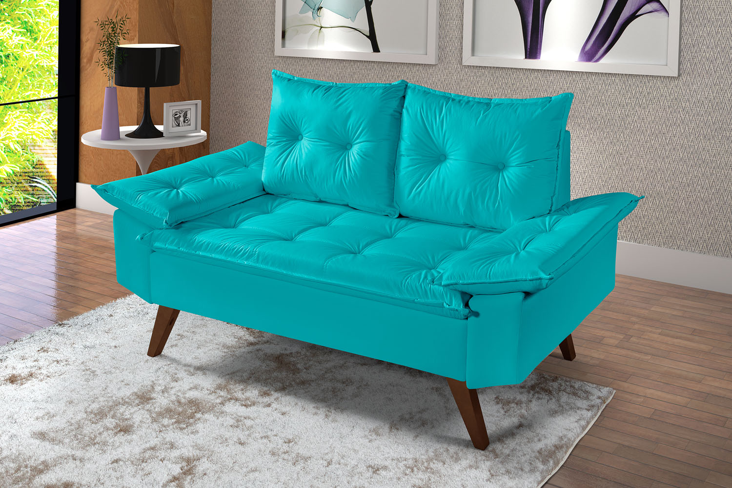Sofa Retro Bariloche 2 Lugares Revestimento Courino Pes em Madeira