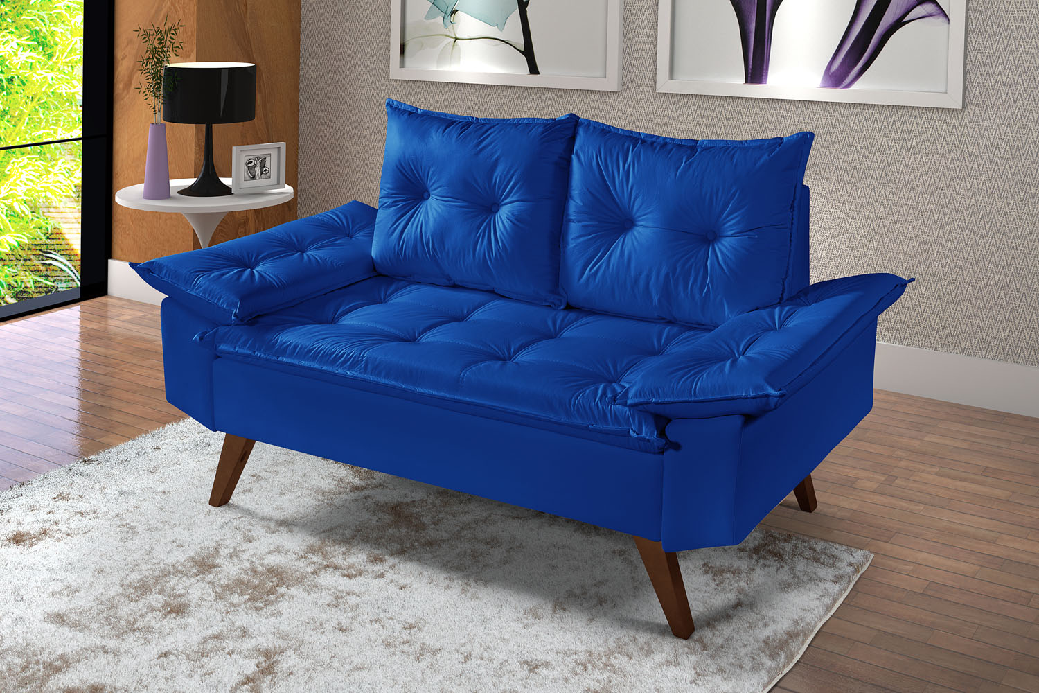 Sofa Retro Bariloche 2 Lugares Revestimento Courino Pes em Madeira