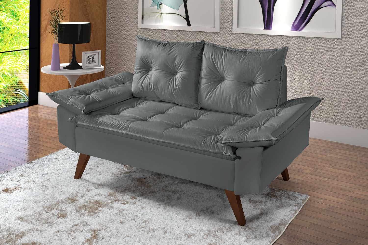 Sofa Retro Bariloche 2 Lugares Revestimento Courino Pes em Madeira