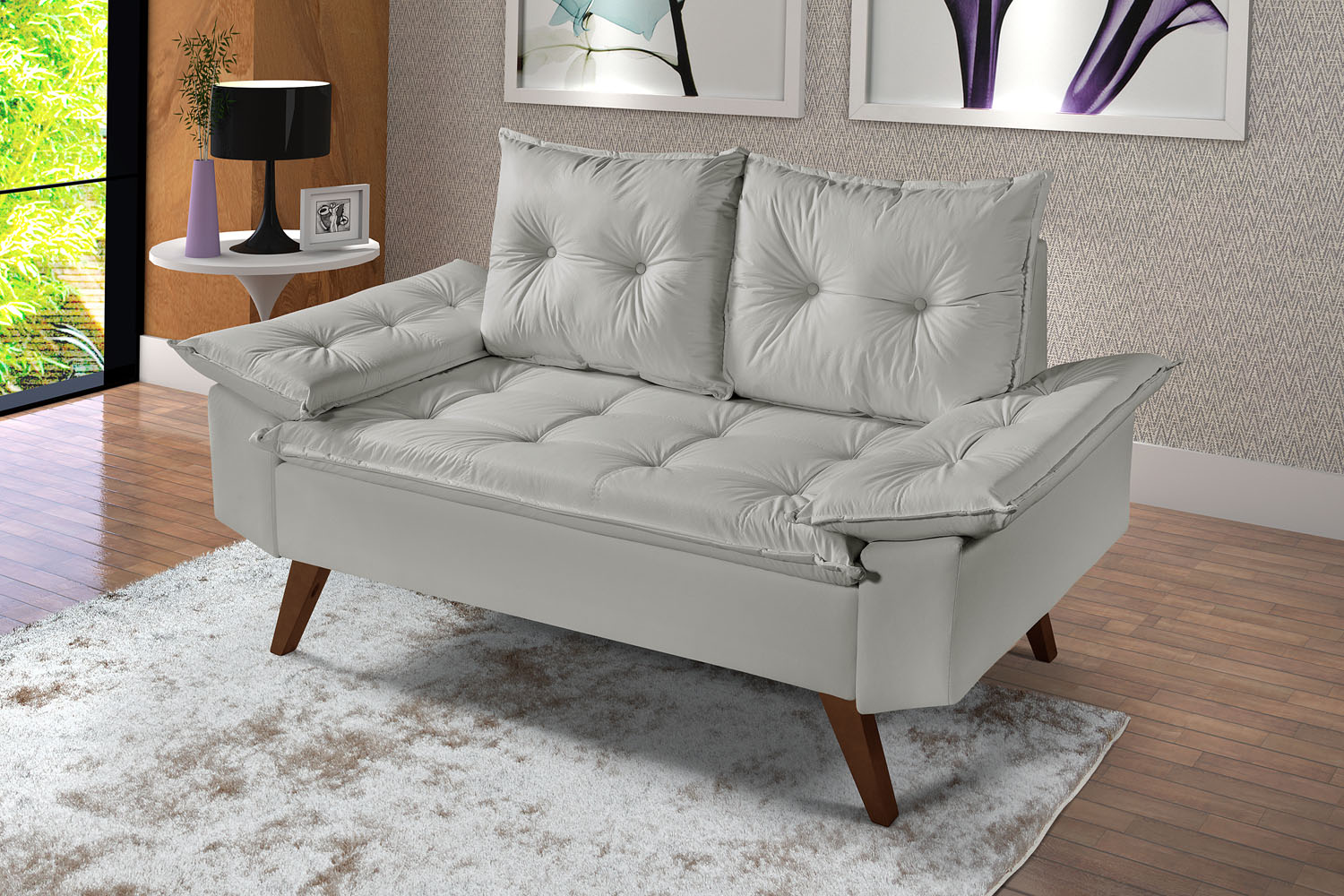 Sofa Retro Bariloche 2 Lugares Revestimento Courino Pes em Madeira