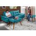 Sofa Retro Bariloche 3 Lugares Tecido Suede Com Duas Banquetas Rubi Pes em Madeira