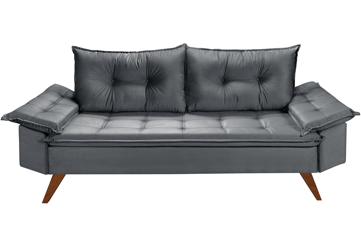 Sofa Retro Bariloche 3 Lugares Tecido Suede Com Duas Banquetas Rubi Pes em Madeira