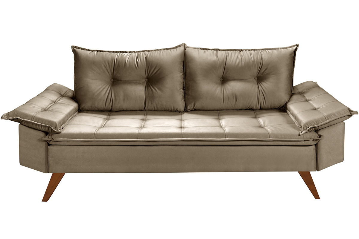 Sofa Retro Bariloche 3 Lugares Tecido Suede Com Duas Banquetas Rubi Pes em Madeira