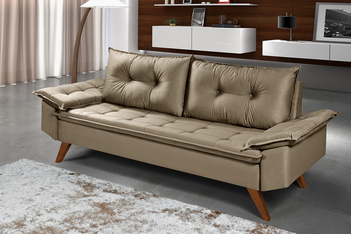 Sofa Retro Bariloche 3 Lugares Tecido Suede Com Duas Banquetas Rubi Pes em Madeira