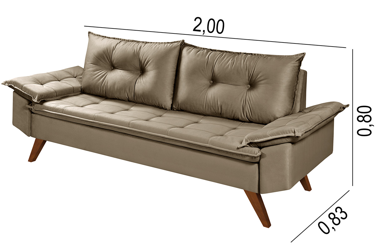 Sofa Retro Bariloche 3 Lugares Tecido Suede Com Duas Banquetas Rubi Pes em Madeira
