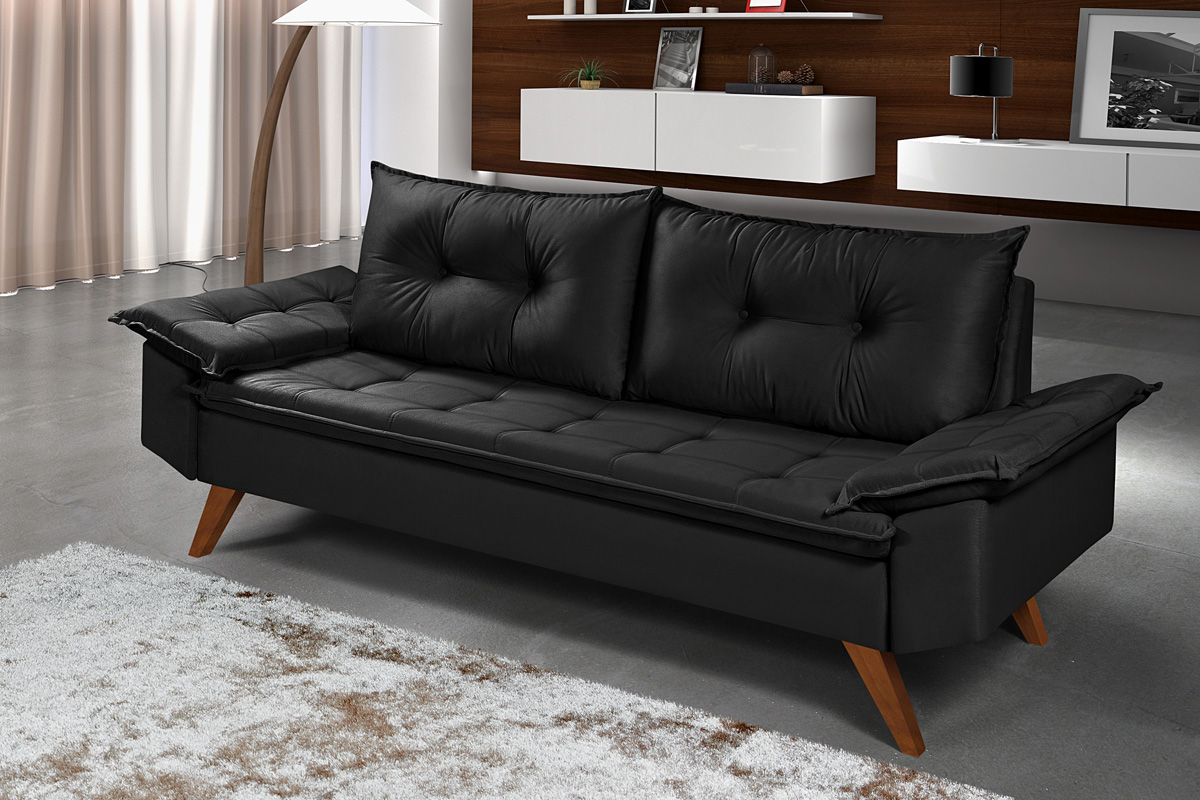 Sofa Retro Bariloche 3 Lugares Tecido Suede Com Duas Banquetas Rubi Pes em Madeira