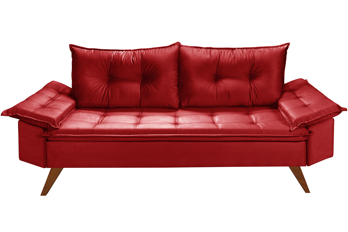 Sofa Retro Bariloche 3 Lugares Tecido Suede Com Duas Banquetas Rubi Pes em Madeira