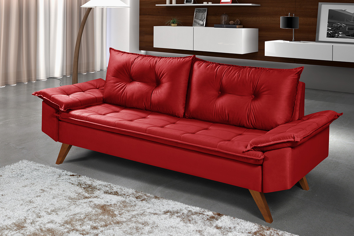 Sofa Retro Bariloche 3 Lugares Tecido Suede Com Duas Banquetas Rubi Pes em Madeira