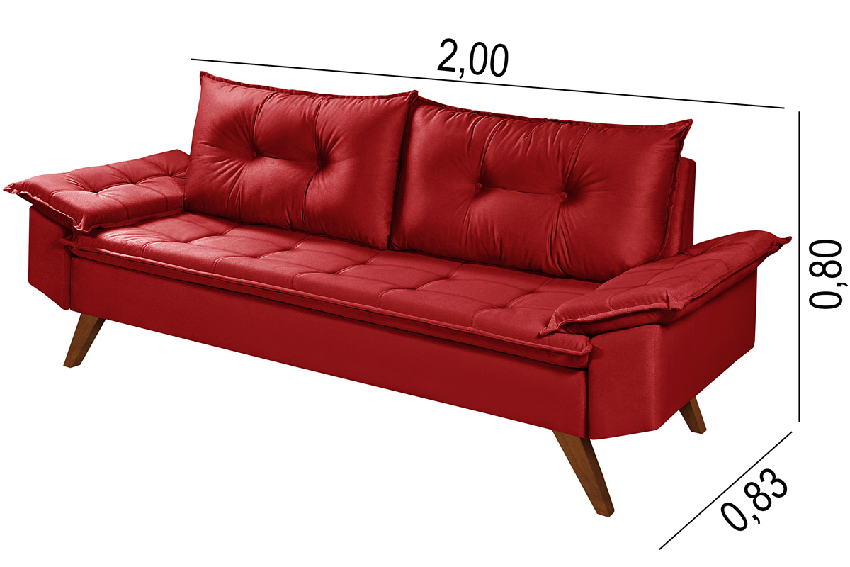Sofa Retro Bariloche 3 Lugares Tecido Suede Com Duas Banquetas Rubi Pes em Madeira